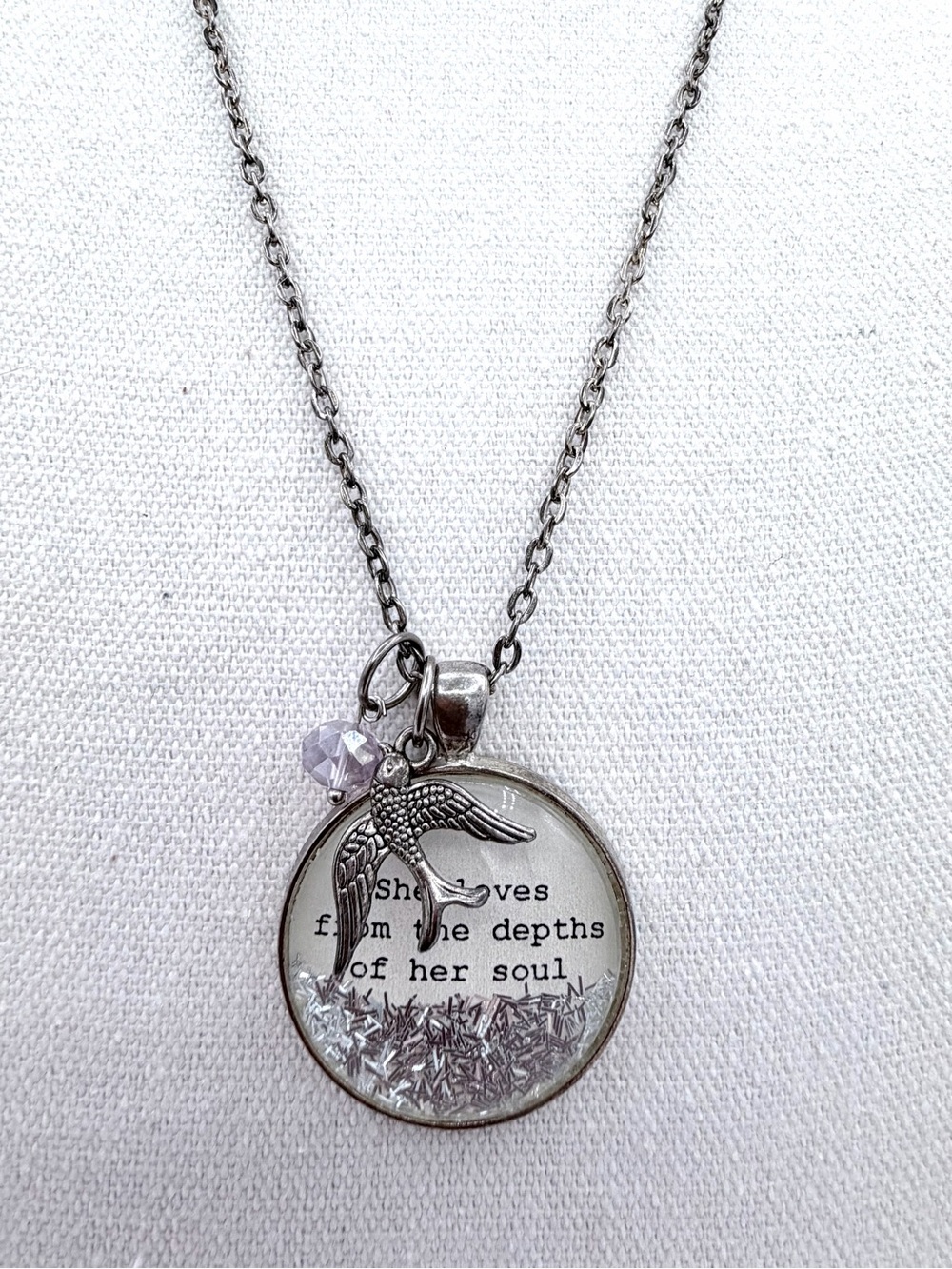 “She loves from the depth of her soul” Silver Tone  Typograph Graphic Necklace